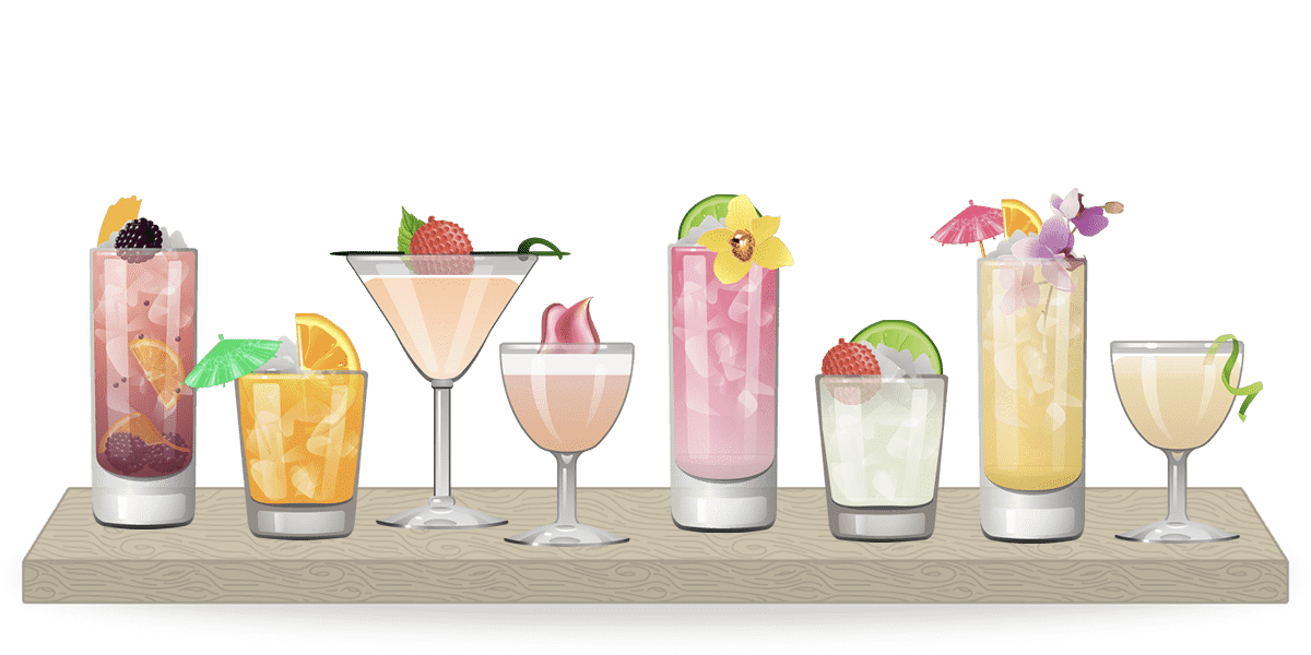 A variety of fruity cocktails on a shelf.